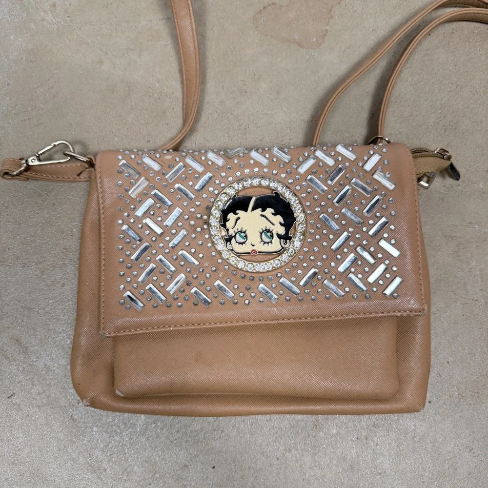 Betty Boop Crossbody‎ Purse Tan Embellished Flap Bag